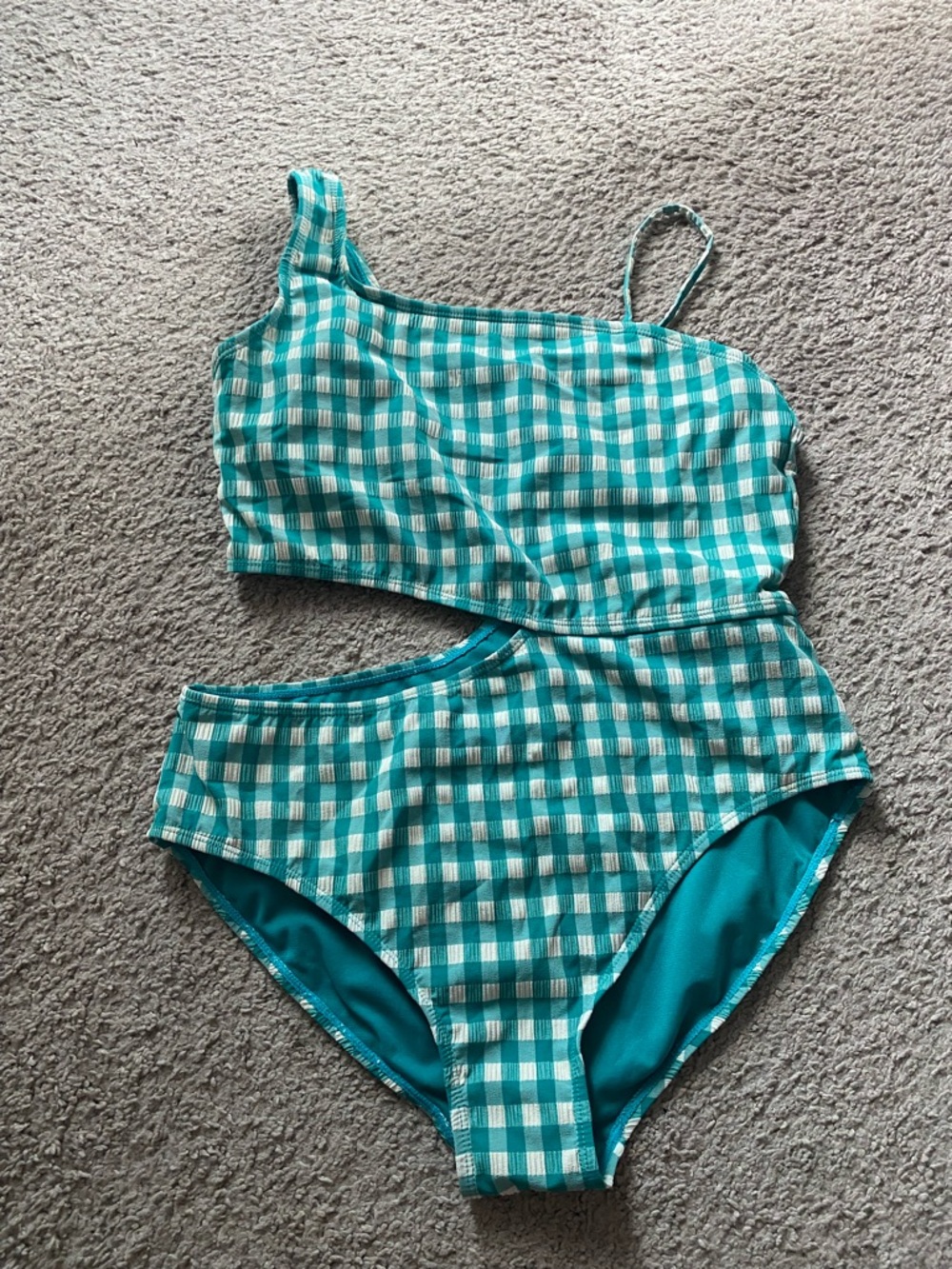 Girls Gingham One-Shoulder Cutout Swimsuit in Teal & White
